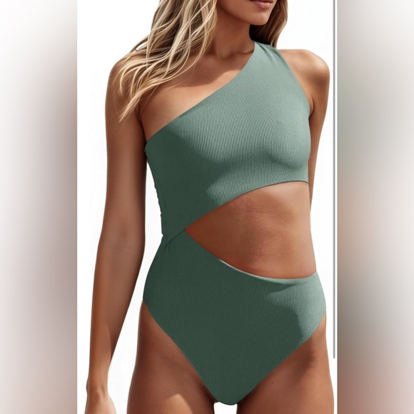 One-Shoulder Cutout Swimsuit in Sage Green Size Large - Picture 1 of 7